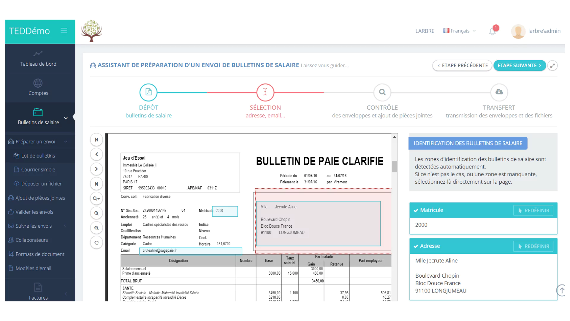 capture d'écran du processus d'envoi d'un bulletin de salaire